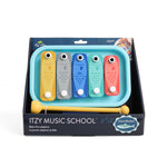 Itzy Ritzy baby xylophone music school toy with colorful bars and a wooden frame, designed for early musical play.