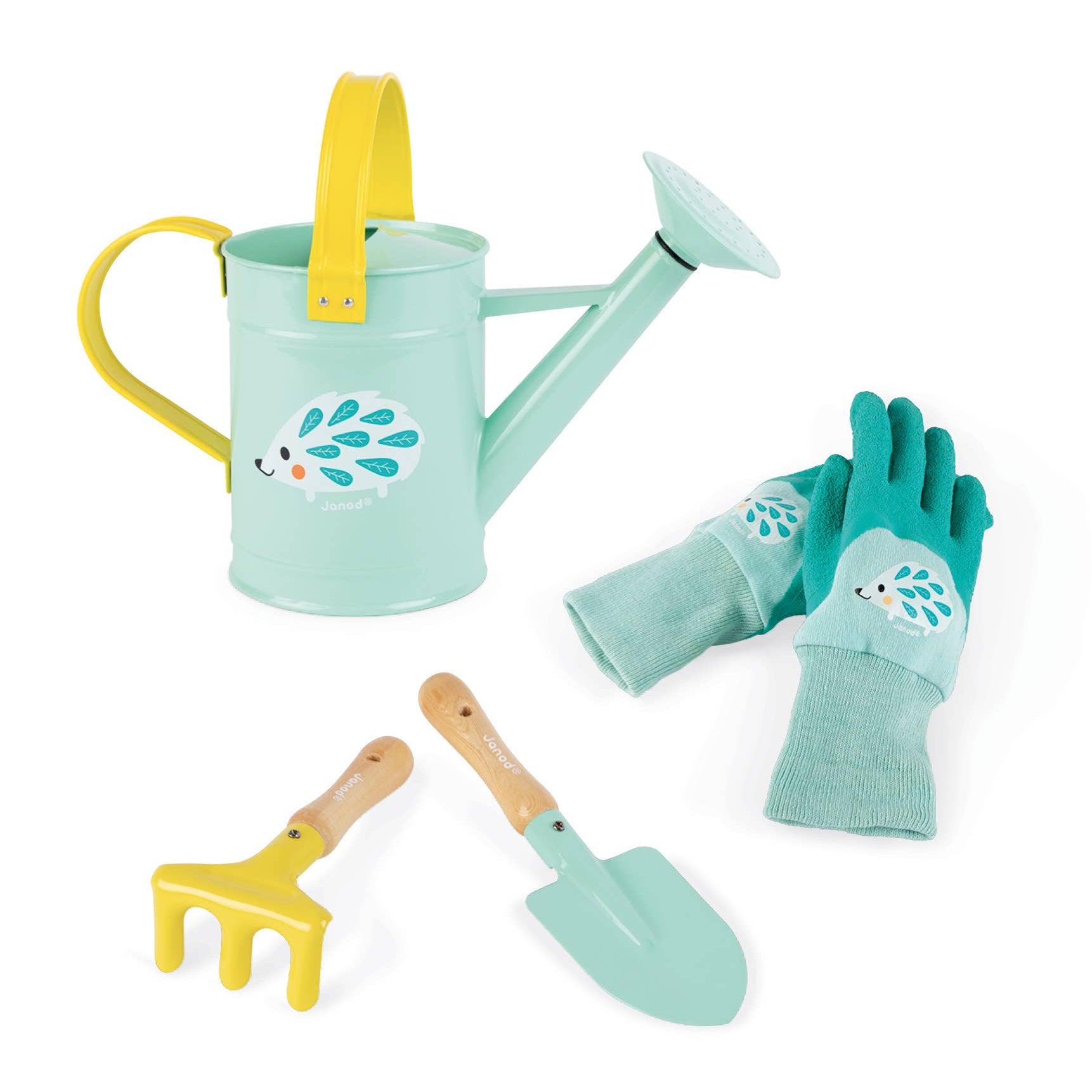 Janod Happy Gardener outdoor playset with colorful toy gardening tools and accessories for kids.