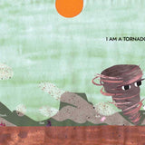 Cover image of "I Am a Tornado" book by Drew Beckmeyer, featuring abstract tornado artwork and bold typography.