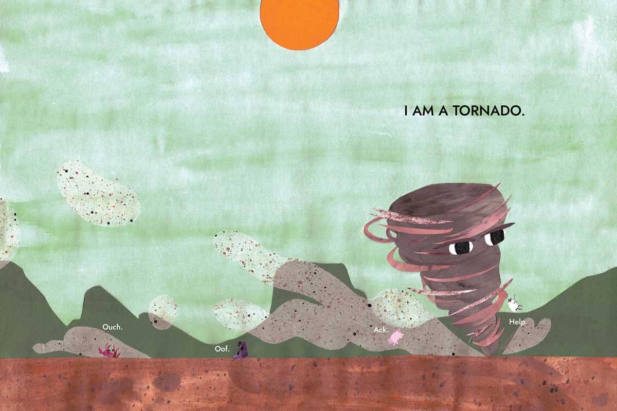 Cover image of "I Am a Tornado" book by Drew Beckmeyer, featuring abstract tornado artwork and bold typography.