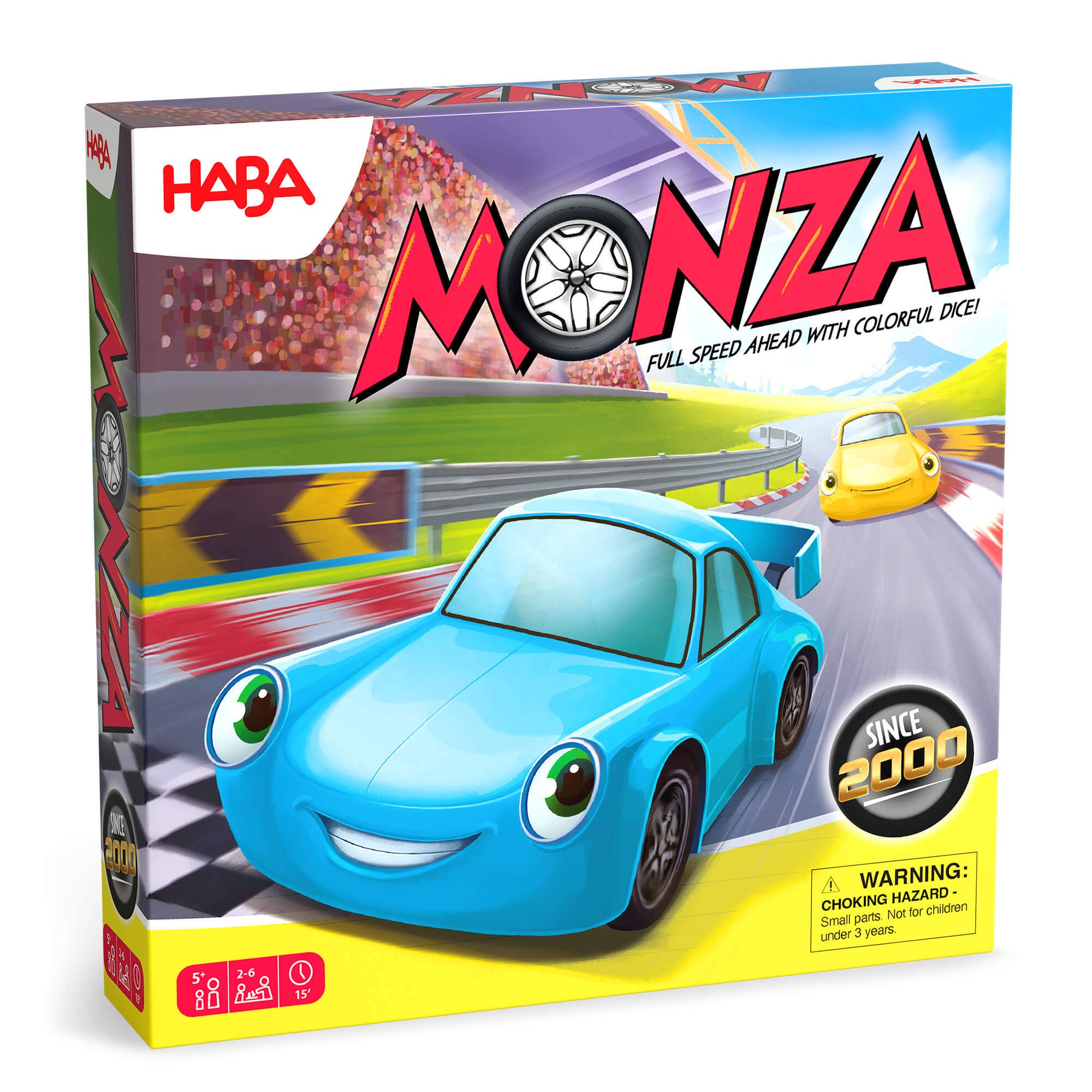 HABA USA Monza Racing Game with colorful race cars and race track components for family fun and strategic play.