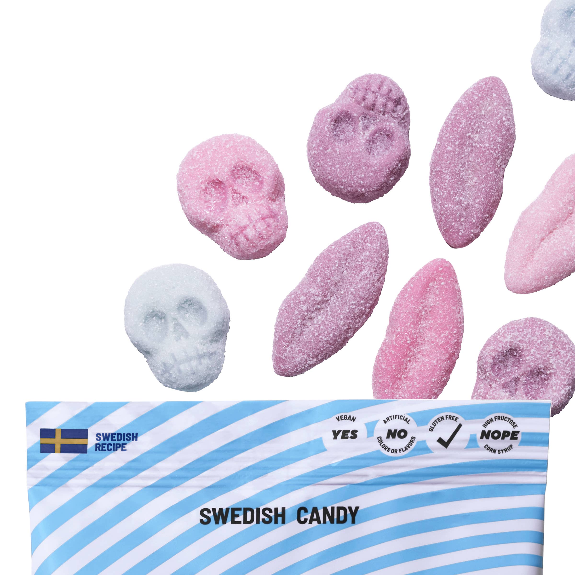 Assorted Sockerbit Foamy Lips and Skulls Swedish candy treats in bright colors and fun shapes, perfect for snacking or gifting.