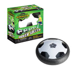 Stomp Sports hover soccer ball floating above a smooth surface, designed for indoor and outdoor play with LED lights.