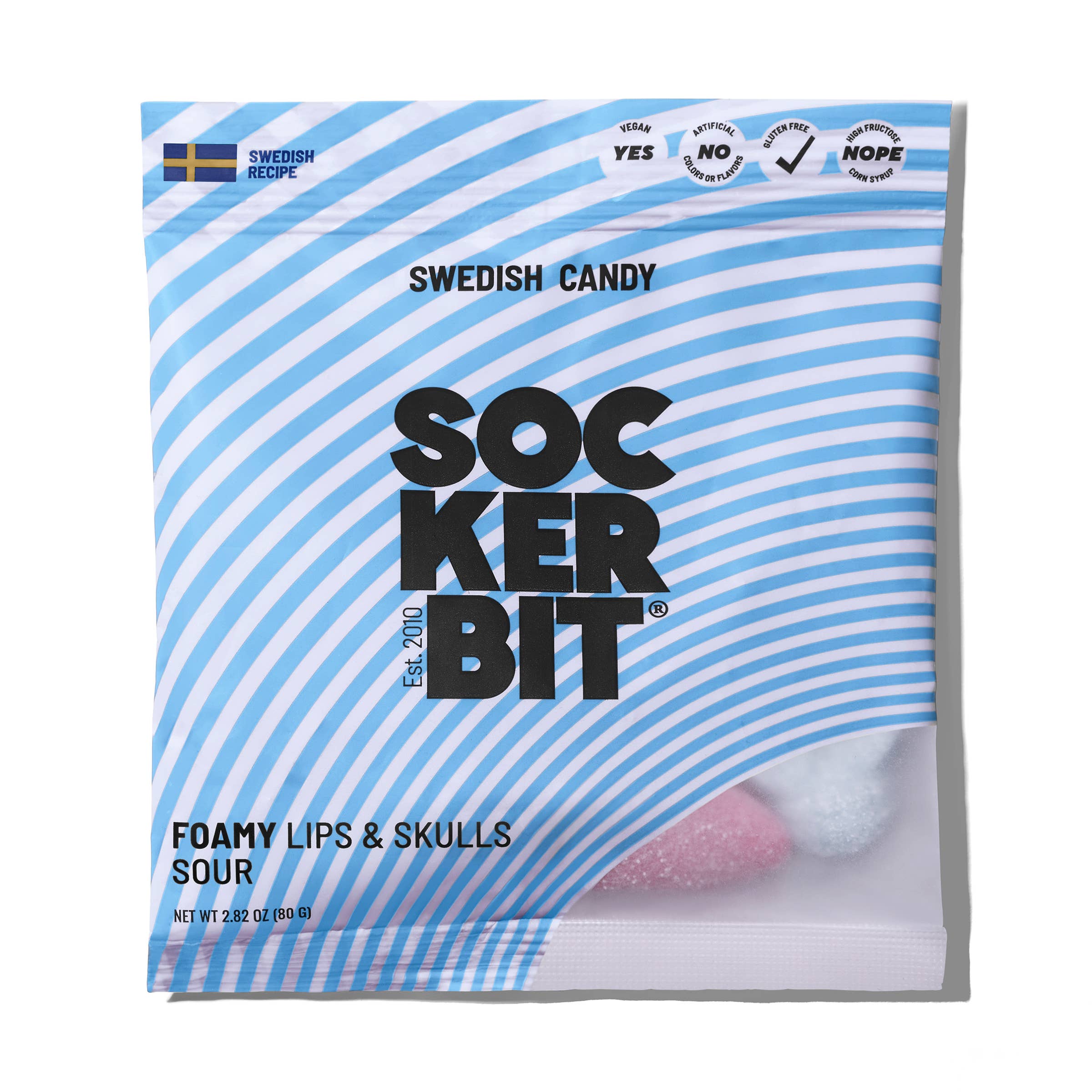 Sockerbit Foamy Lips and Skulls Swedish candy treats in colorful foam shapes on a white background