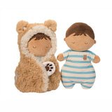 Soft plush baby doll with teddy bear swaddle from Douglas Toys, featuring detailed fabric and adorable infant toy design.