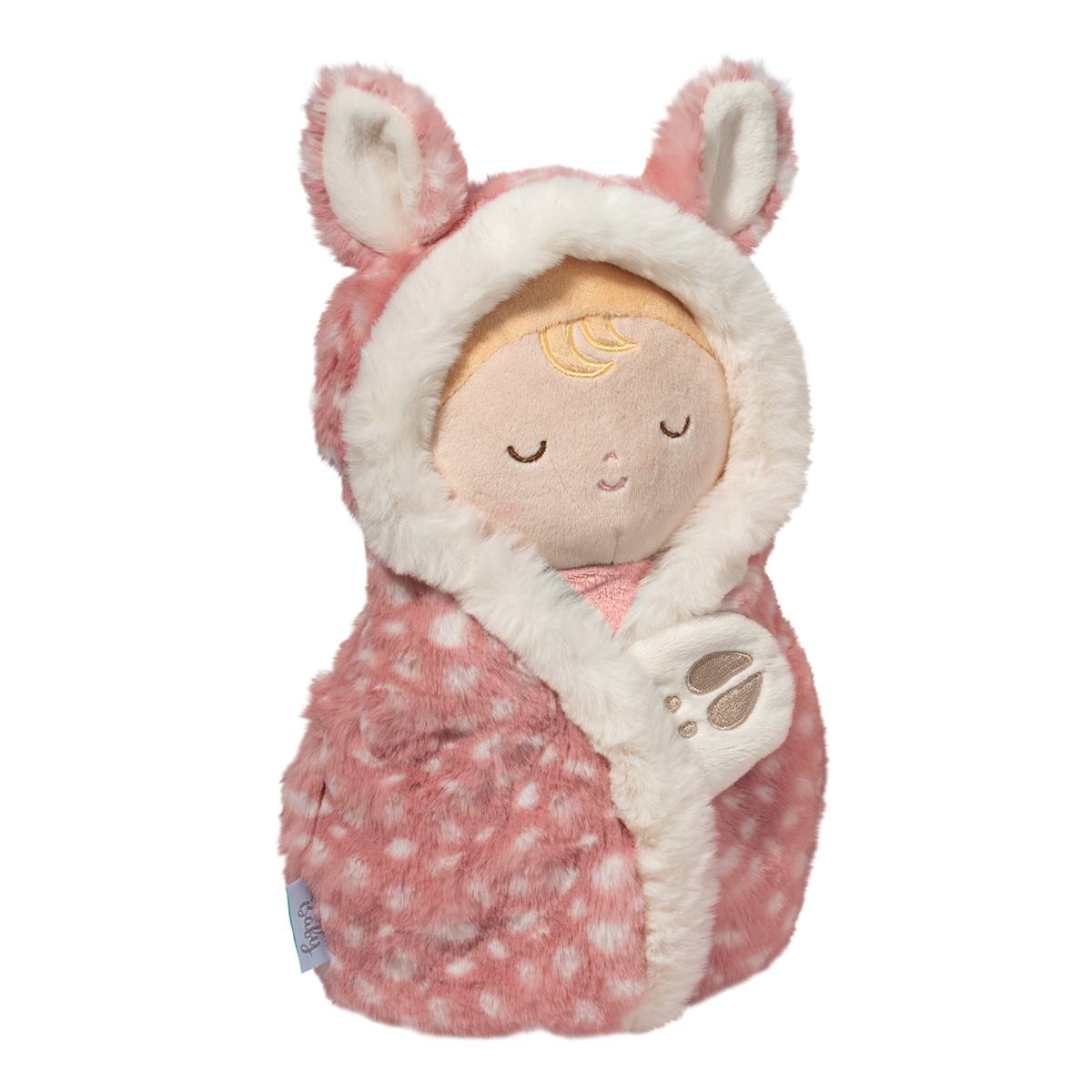 Soft plush baby doll with a fawn swaddle, by Douglas Toys, featuring realistic details and gentle colors for infants and toddlers.