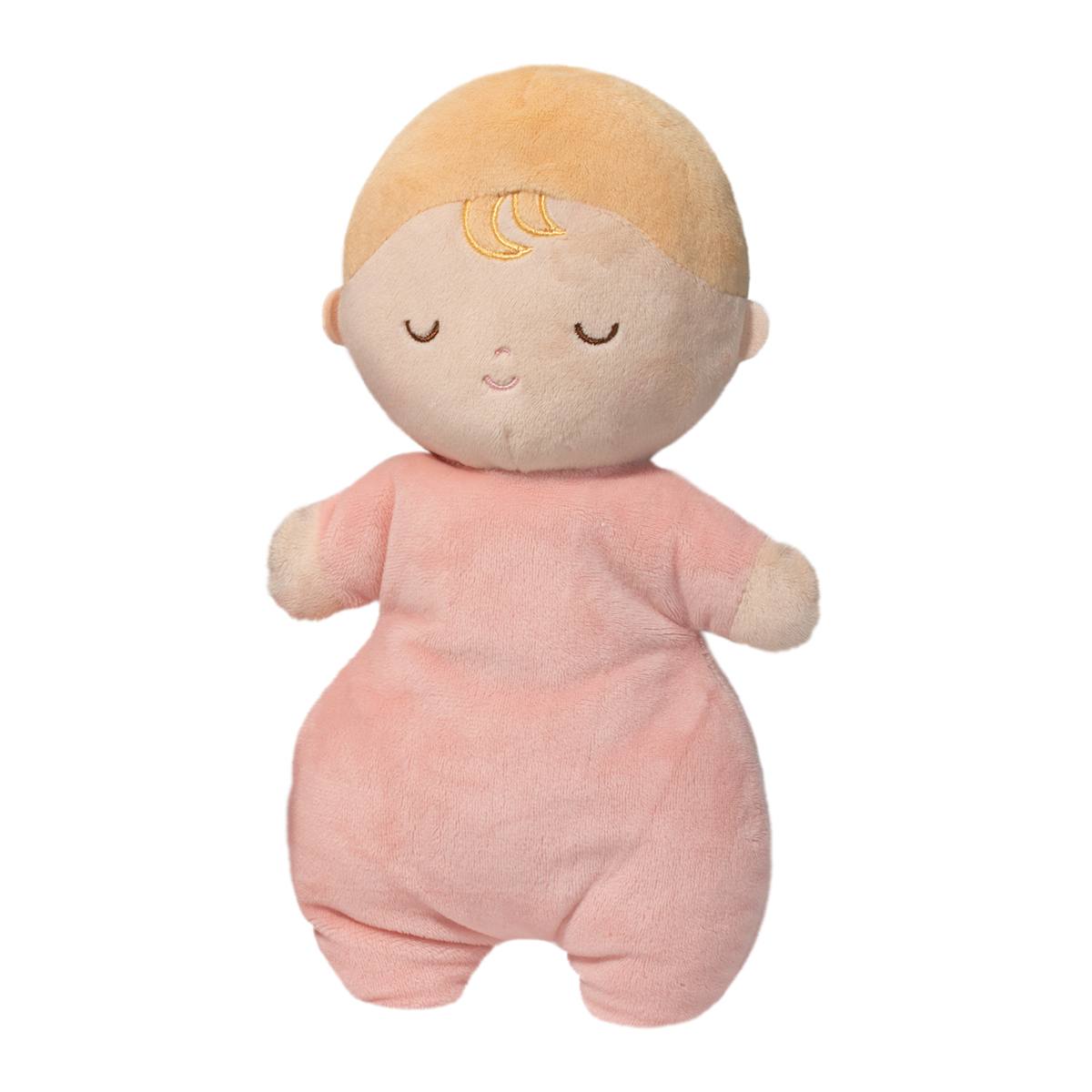 Soft plush baby doll with a fawn swaddle, from Douglas Toys, featuring a cuddly, realistic design perfect for gentle play and comfort.