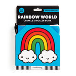 Packaging of a 'Rainbow World' crinkle stroller book by Mudpuppy on a white background.
