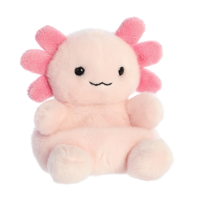 Pink Axolotl Palm Pals plush toy with soft fabric and detailed features, perfect for cuddling and display.