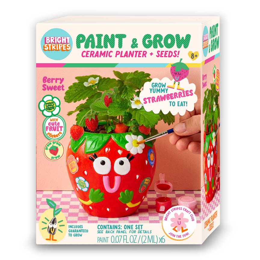 Bright Stripes Paint & Grow Strawberry Craft Kit for kids, featuring colorful paints, soil, and strawberry plant components for arts and crafts.