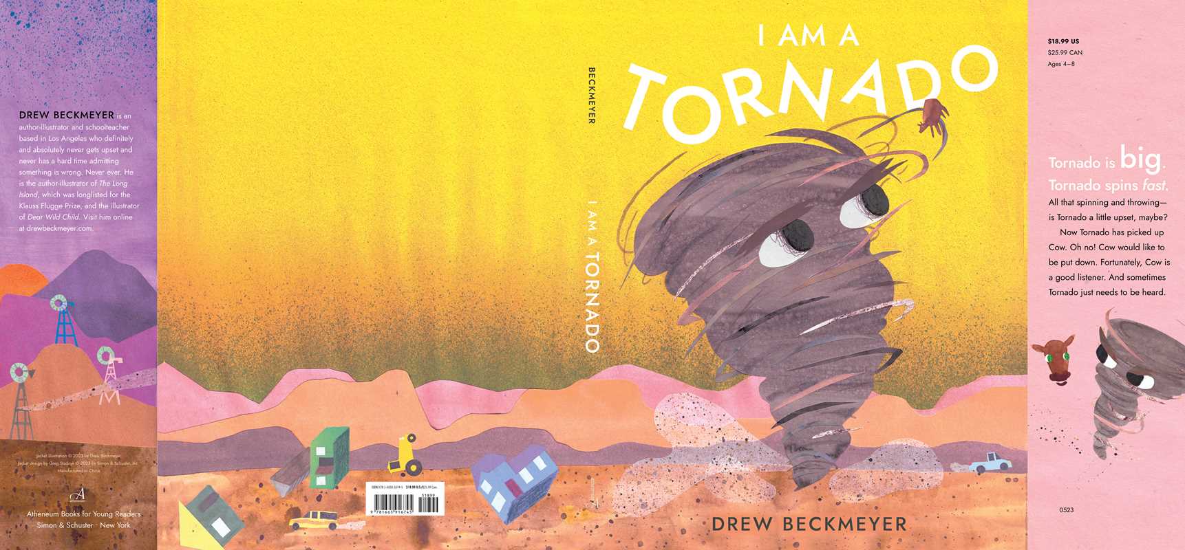 Cover image of "I Am a Tornado" book by Drew Beckmeyer, published by Simon & Schuster, featuring a tornado-themed illustration.