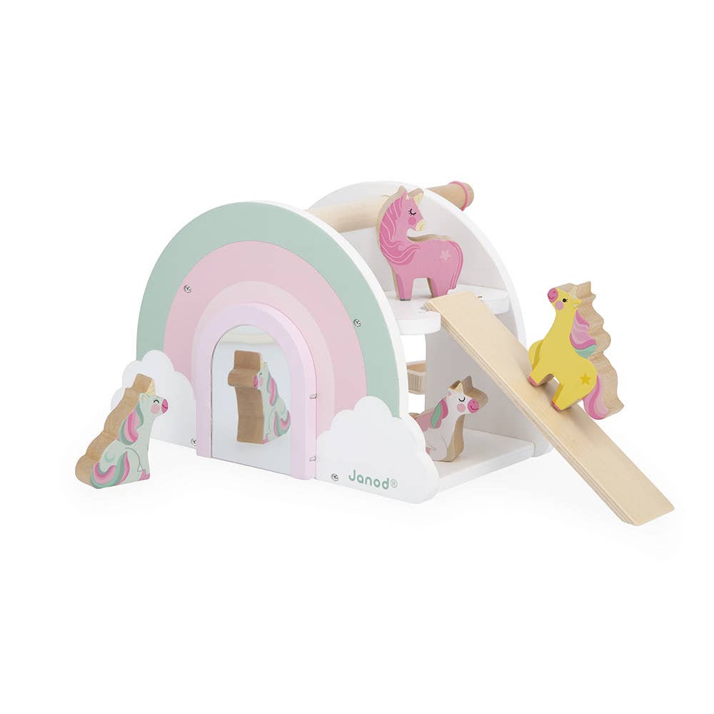 Colorful unicorn rainbow house for pretend play by Janod, featuring whimsical design and vibrant rainbow details.