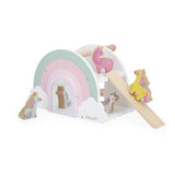 Colorful unicorn rainbow house for pretend play by Janod, featuring whimsical design and vibrant rainbow details.