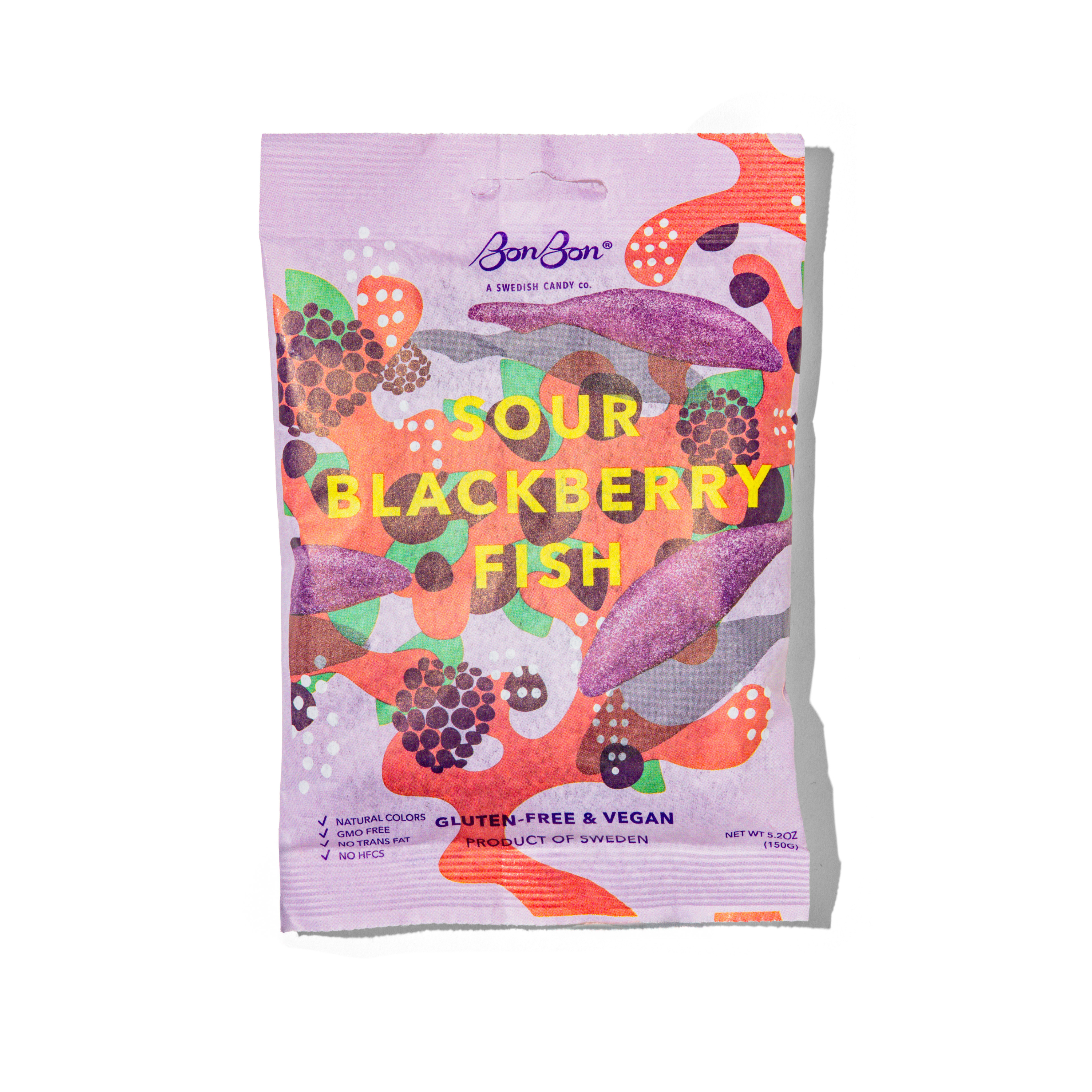 BonBon Sour Blackberry Fish treats from Swedish Candy Co, colorful sour candy shaped like fish with black and purple hues.