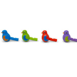 Set of six colorful Itty Bitty Bird Whistles toys by Jack Rabbit Creations, small bird-shaped whistles for kids.