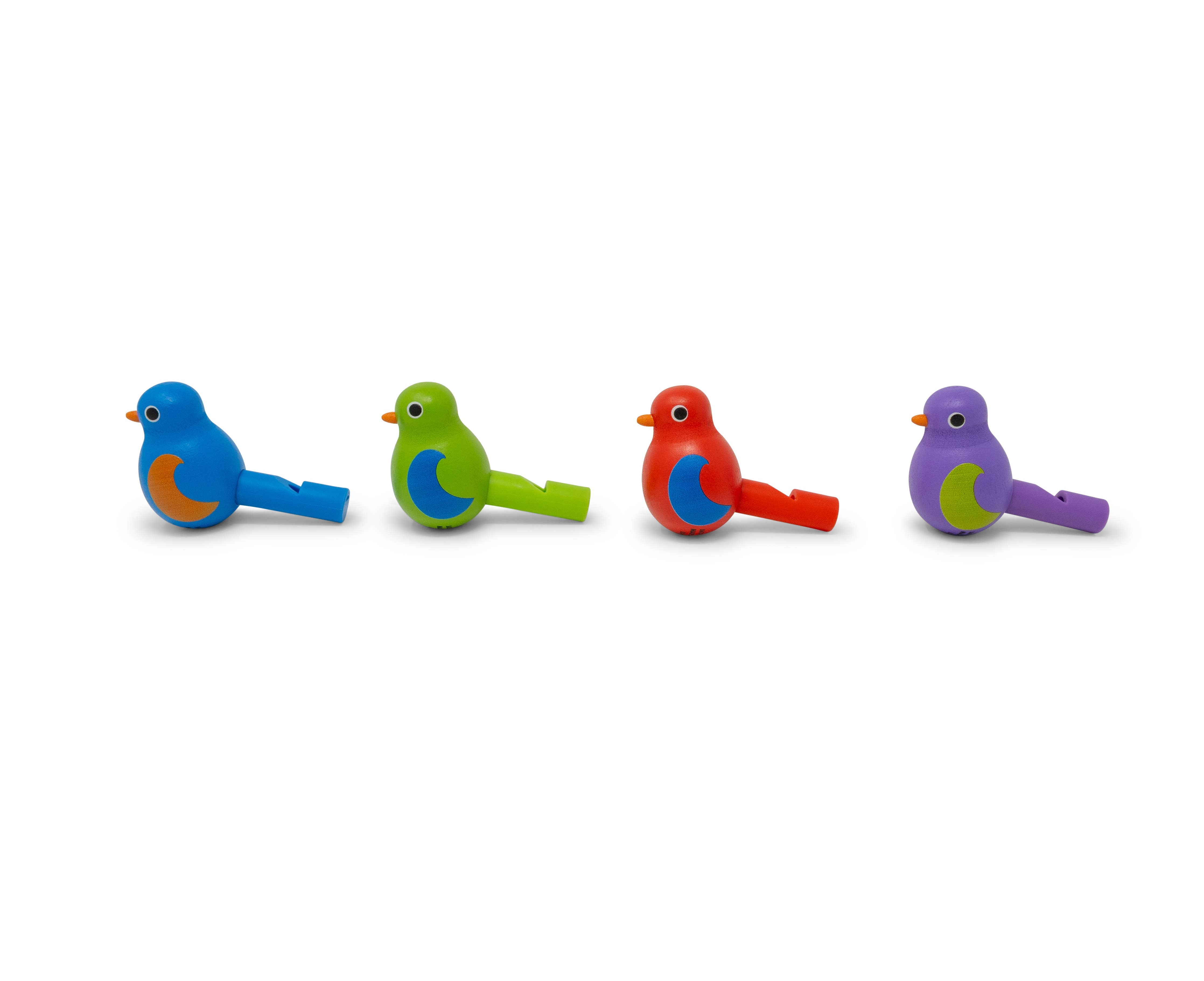 Set of six colorful Itty Bitty Bird Whistles toys by Jack Rabbit Creations, small bird-shaped whistles for kids.