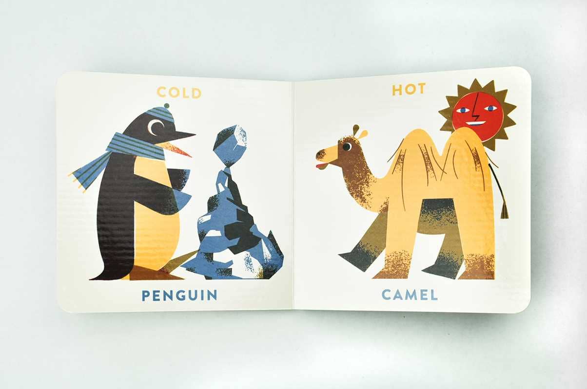 BabyLink Animal Opposites Board Book by Simon & Schuster showing colorful pages with animals and opposite words for young children.