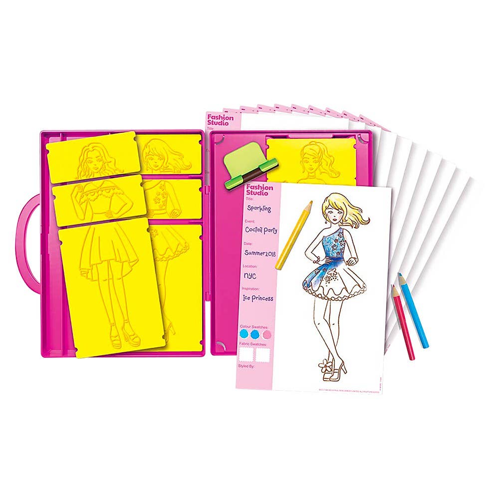 KidzMaker Fashion Design Portfolio by The Toy Network, arts and crafts kit for kids with design templates and coloring pages