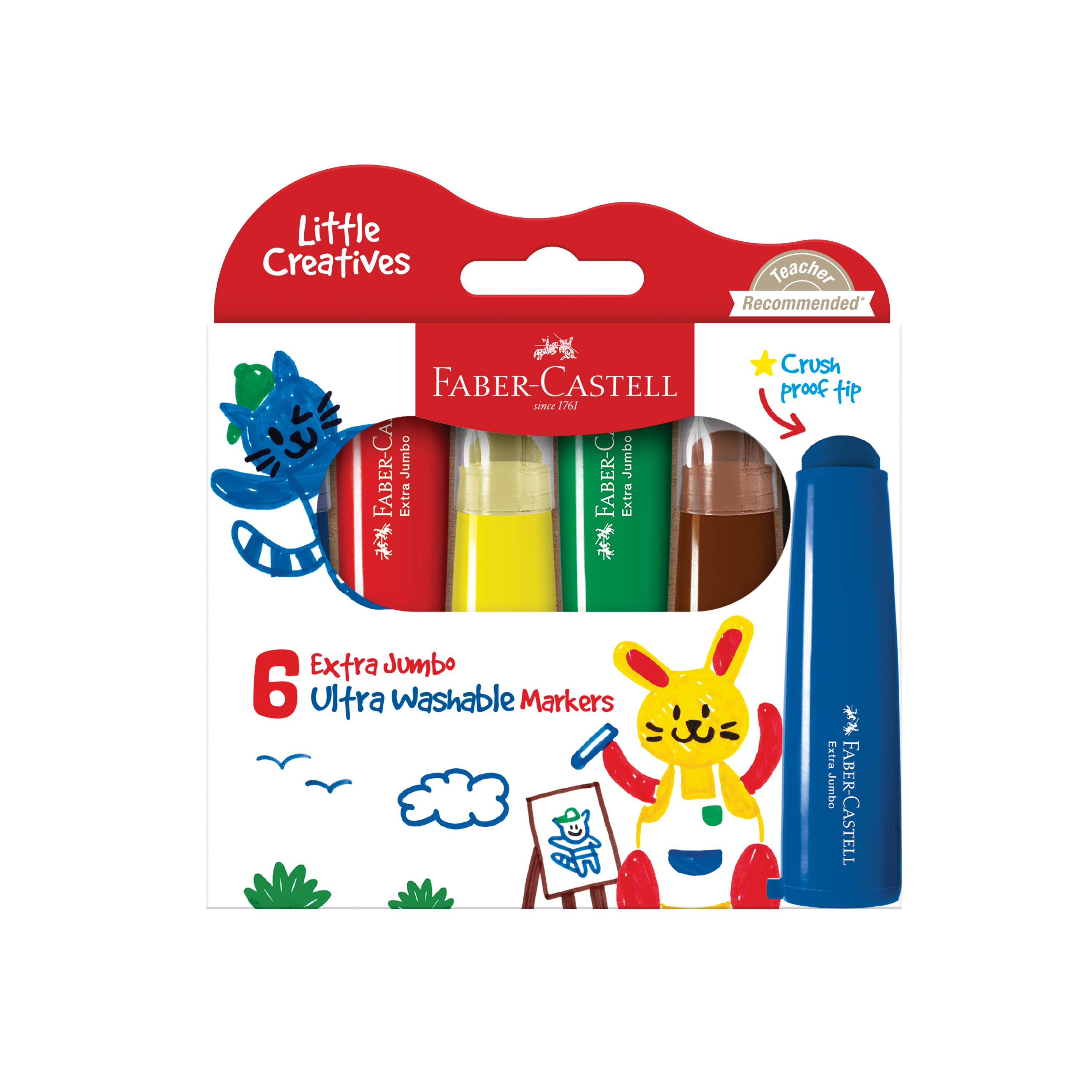 Set of Faber-Castell Jumbo Ultra Washable Markers for arts and crafts, featuring colorful broad tips on a white background.