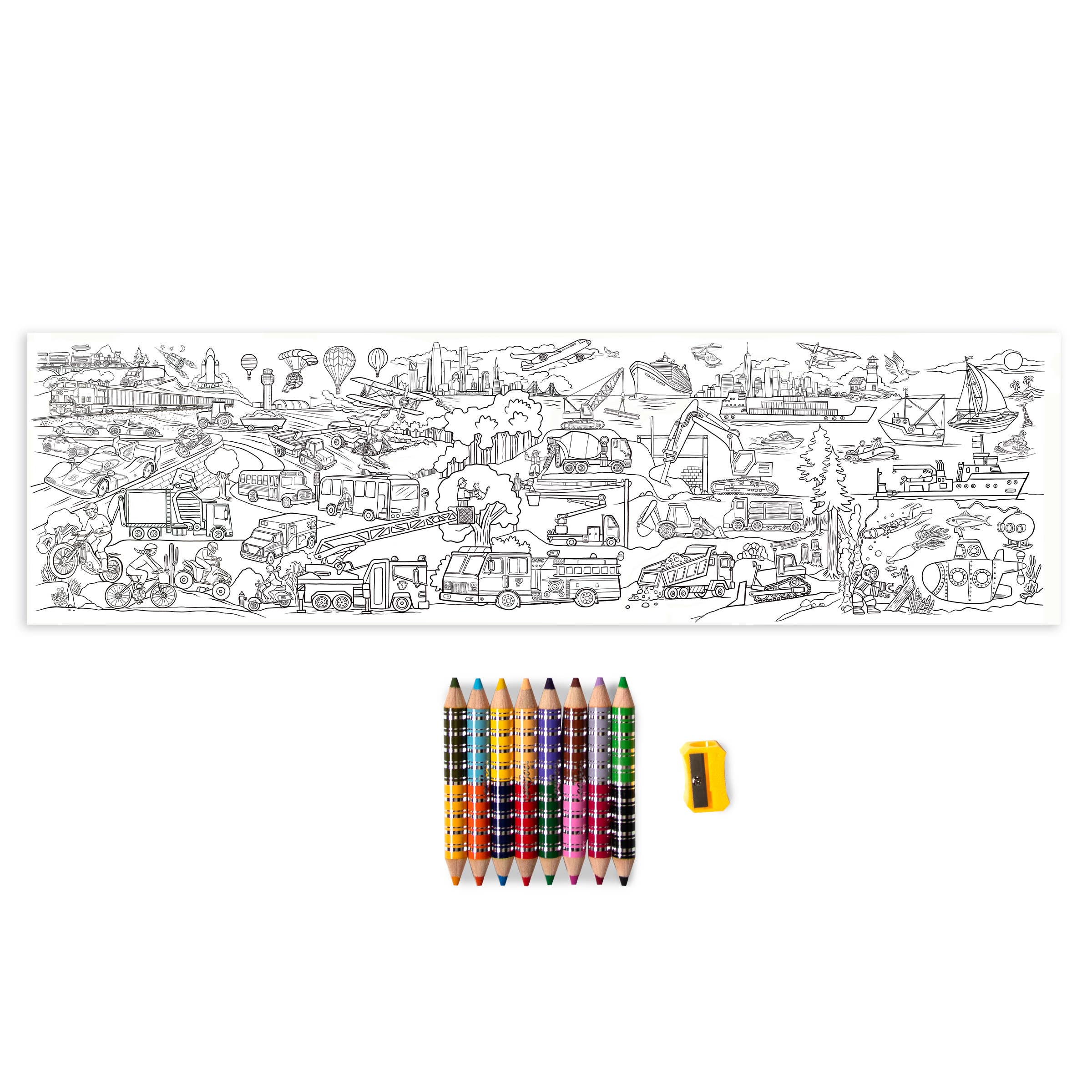 Colorful double-sided colored pencils and vehicle mural set for arts and crafts by eeBoo, displayed on a white background.