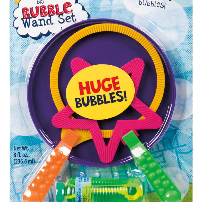 Toysmith Big Bubble Wand Set for outdoor play, featuring large bubble wands and colorful bubble solution containers.