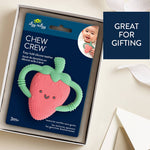 Itzy Ritzy strawberry chew crew baby teether with a soft silicone strawberry-shaped design for soothing gums.