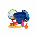 Set of colorful sand toys including a blue funnel, red scoop, yellow shovel, pink cone, and orange shovel on a white background.