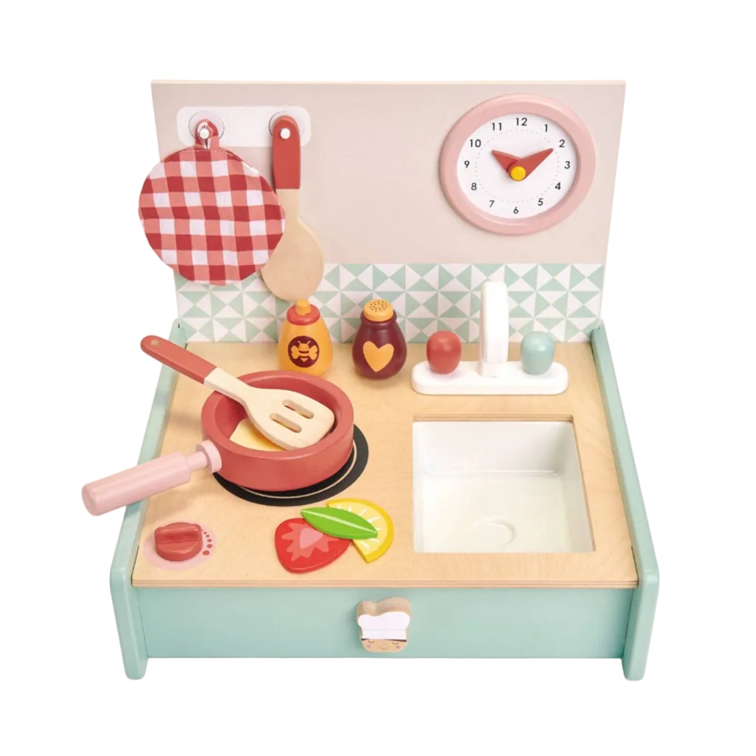 Tender Leaf Toys kitchenette pretend play set featuring colorful toy stove, sink, and accessories for imaginative children's play.
