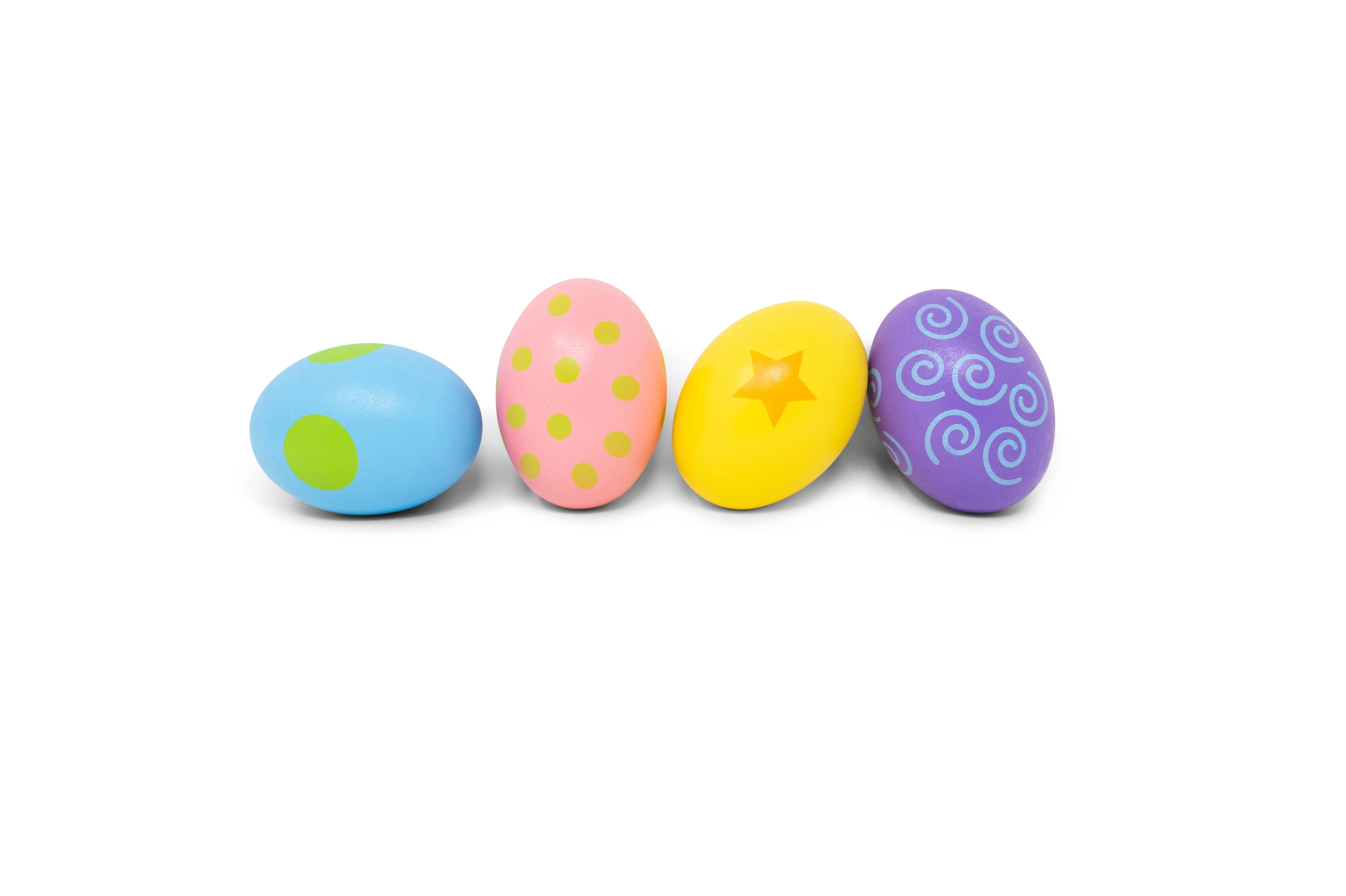 Wooden egg shakers toy set by Jack Rabbit Creations, showing colorful small percussion instruments for children.