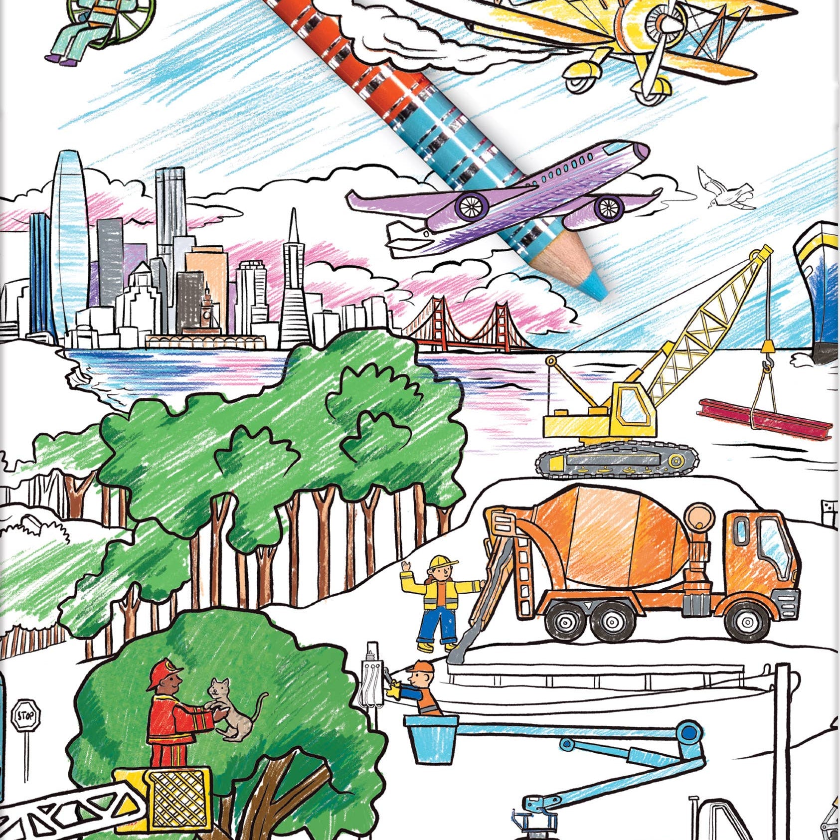 eeBoo double-sided colored pencils and vehicle mural arts and crafts set with vibrant colored pencils and vehicle illustrations.