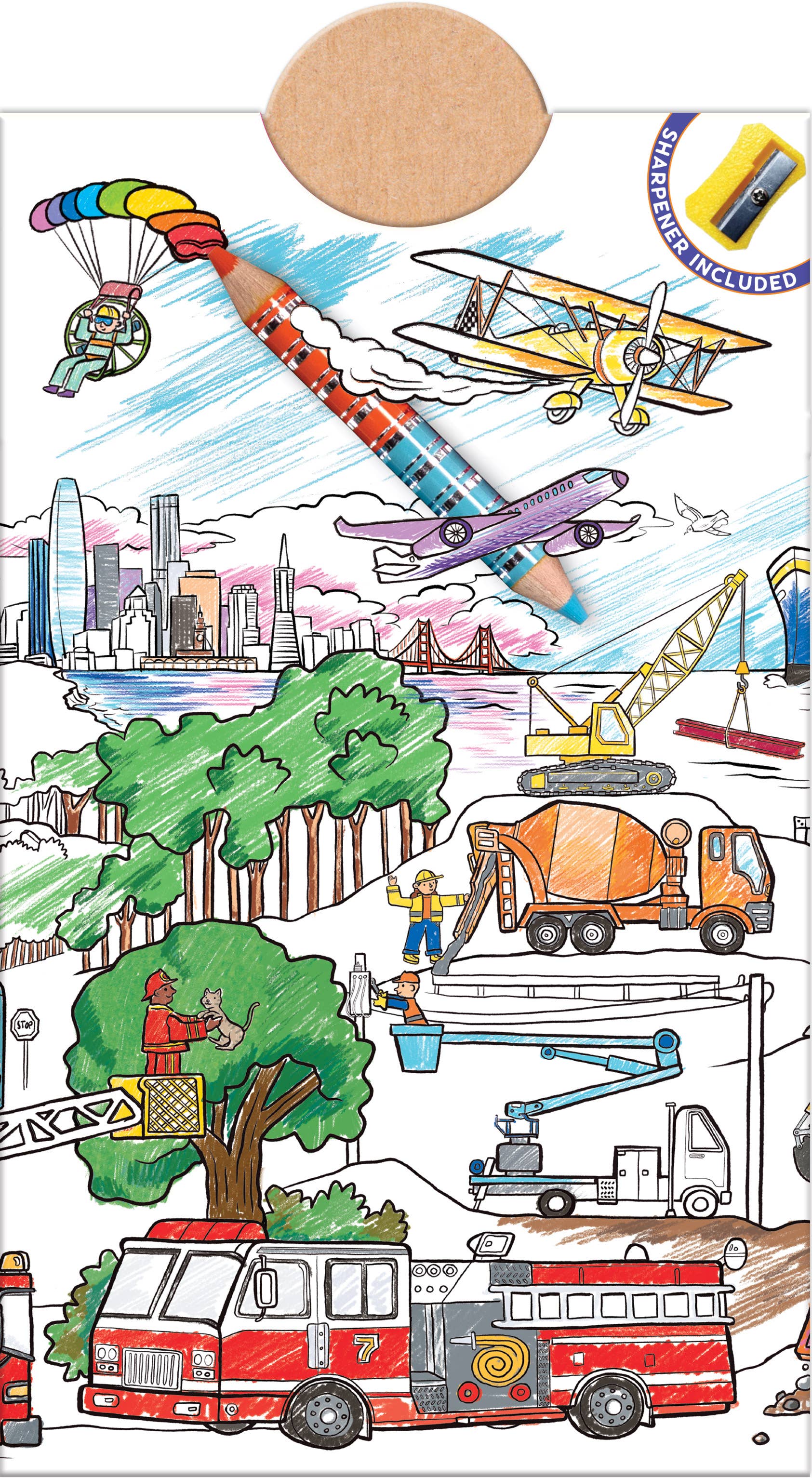 eeBoo double-sided colored pencils and vehicle mural arts and crafts set with vibrant colored pencils and vehicle illustrations.