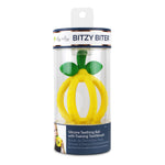 Baby lemon-shaped teething ball by Itzy Ritzy with soft, textured surface for soothing teething discomfort.