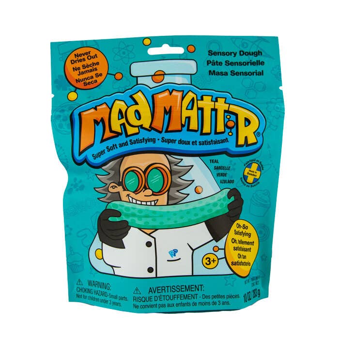 Mad Mattr Teal Quantum Pack sensory toy featuring vibrant teal moldable putty in a clear container for tactile play and stress relief.
