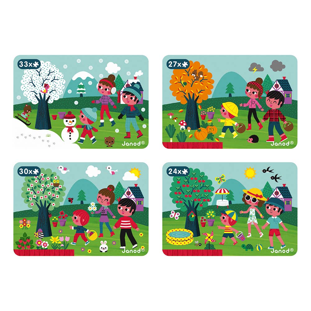 Janod Magneti'book Four Seasons pretend play set featuring colorful magnetic pieces representing seasonal scenes and activities.