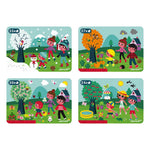 Janod Magneti'book Four Seasons pretend play set featuring colorful magnetic pieces representing seasonal scenes and activities.