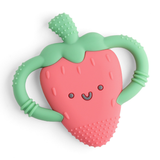 Baby strawberry-shaped chew crew teether by Itzy Ritzy with soft silicone texture and vibrant red and green colors