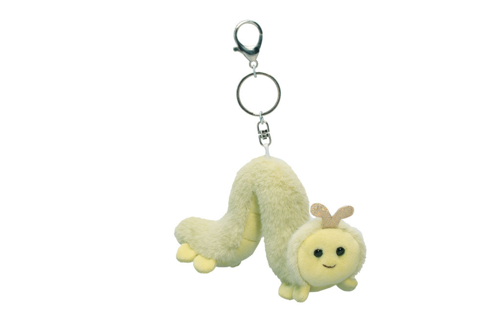 Colorful Douglas Toys Inchworm plush bag charm with embroidered eyes and segmented body, perfect for accessories and backpacks.