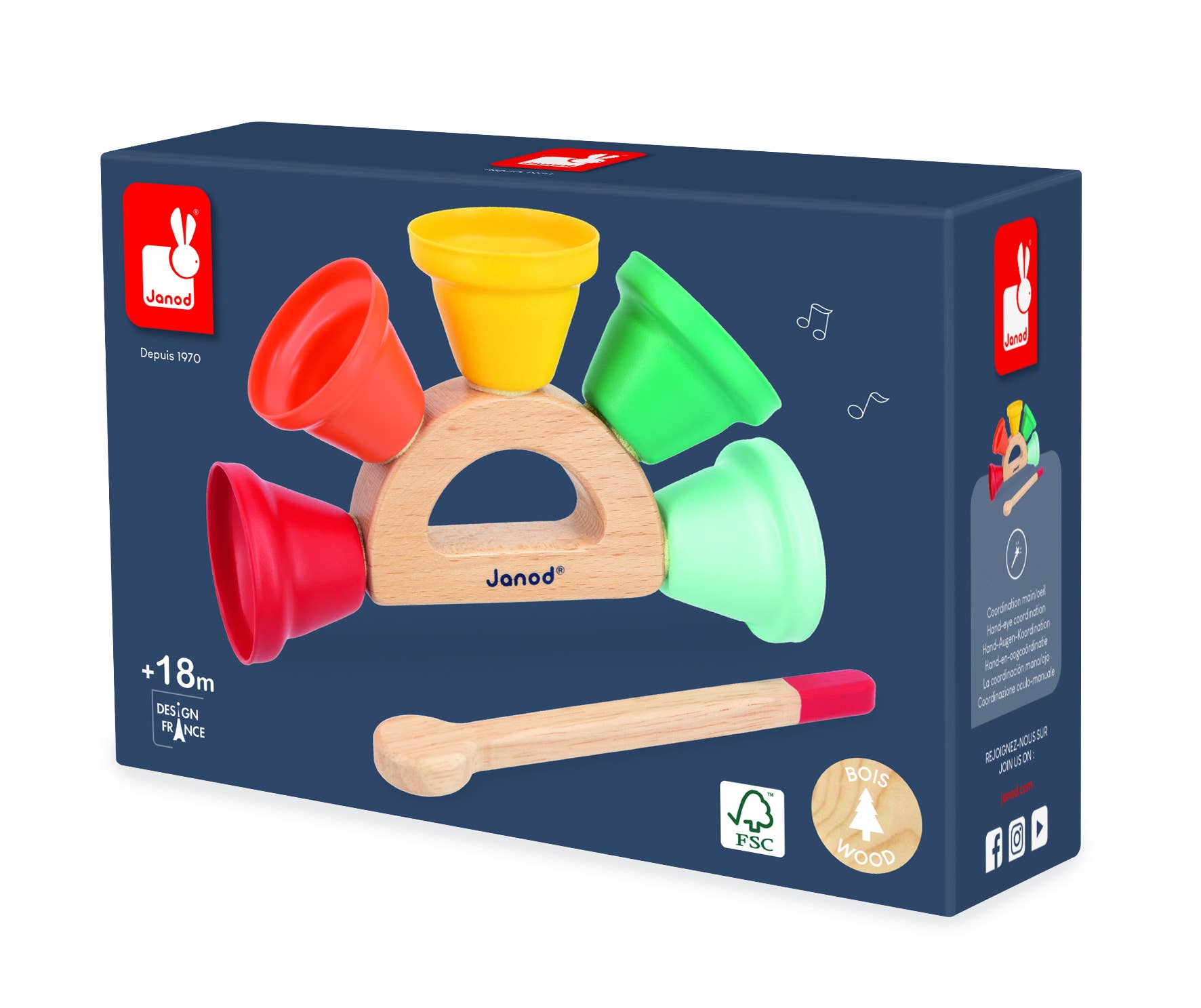 Janod Gioia Wooden Musical Bell Toy with colorful bells and wooden handle, perfect for sensory play and musical fun for children.