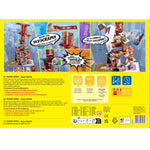 Rhino Hero Tower stacking game by HABA USA featuring colorful wooden blocks and a playful superhero rhino figure.