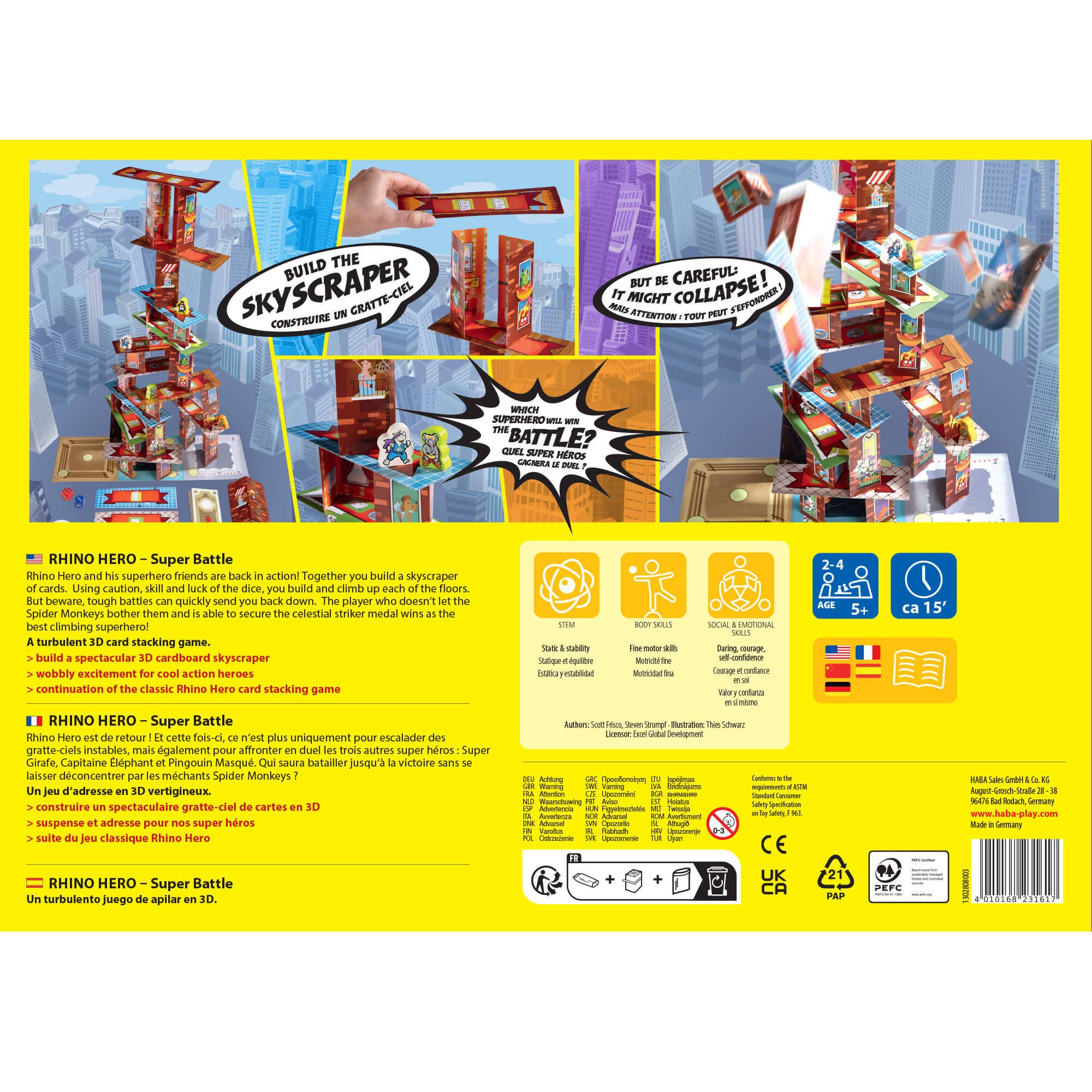 Rhino Hero Tower stacking game by HABA USA featuring colorful wooden blocks and a playful superhero rhino figure.