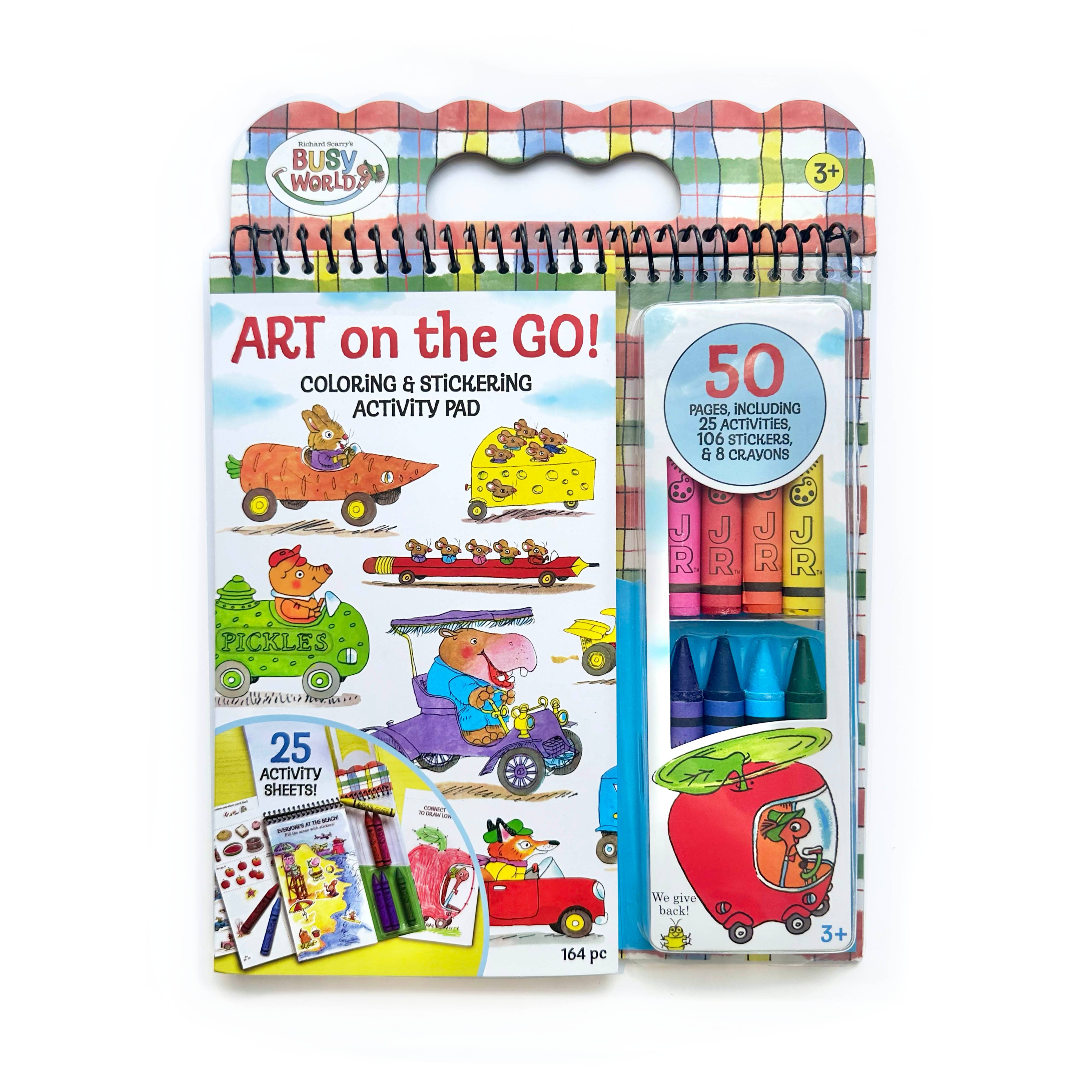 Bright Stripes Richard Scarry Art on the Go Pad for arts and crafts, featuring colorful illustrations and drawing pages.