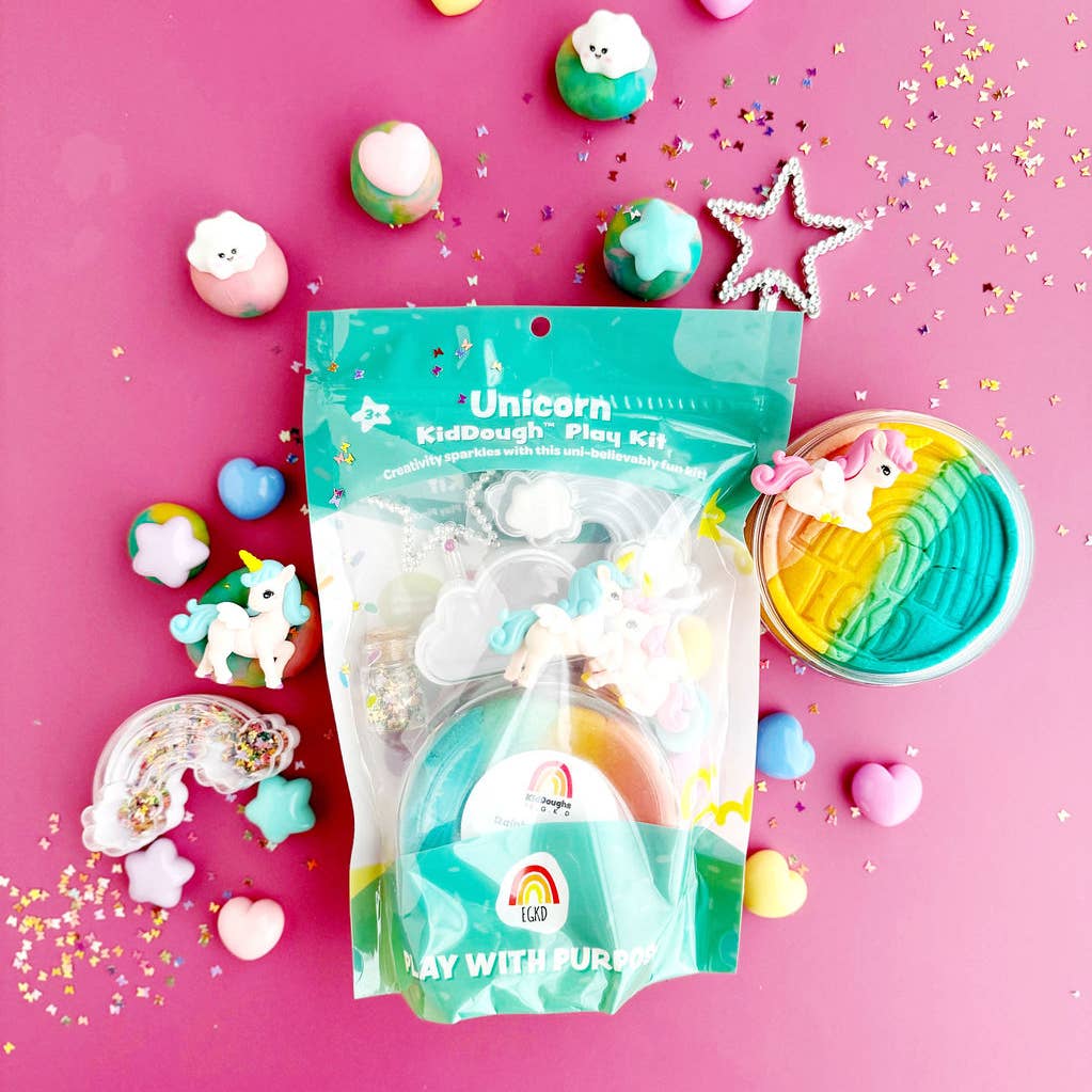 Unicorn KidDough Play Kit by Earth Grown KidDoughs featuring colorful dough and craft accessories for kids' arts and crafts play.