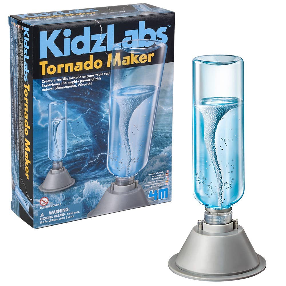 KidzLabs Tornado Maker STEAM science kit by The Toy Network showing a plastic tornado in a clear container with colorful educational materials.