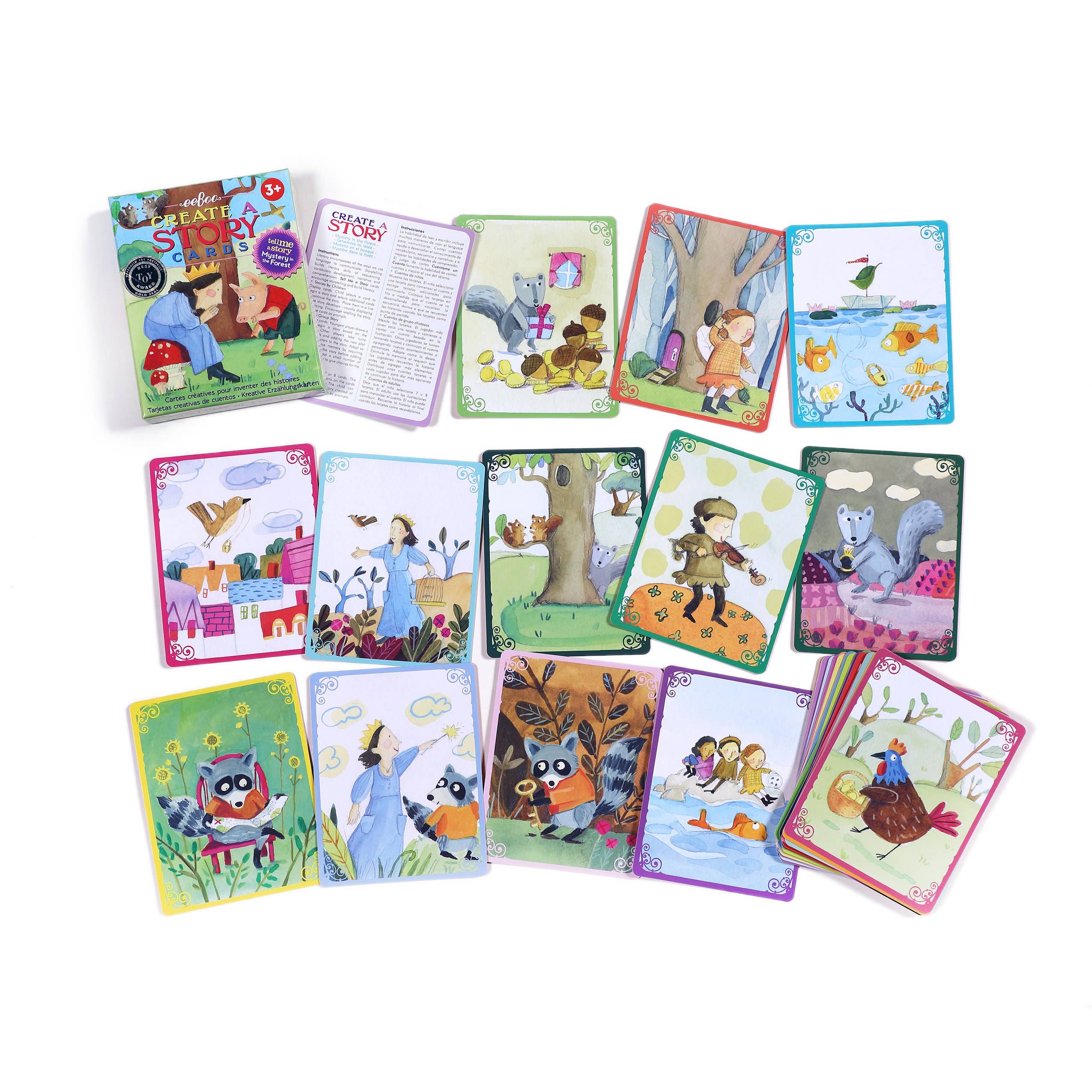 EeBoo Mystery in the Forest Create a Story card game with illustrated cards featuring forest scenes and storytelling prompts.