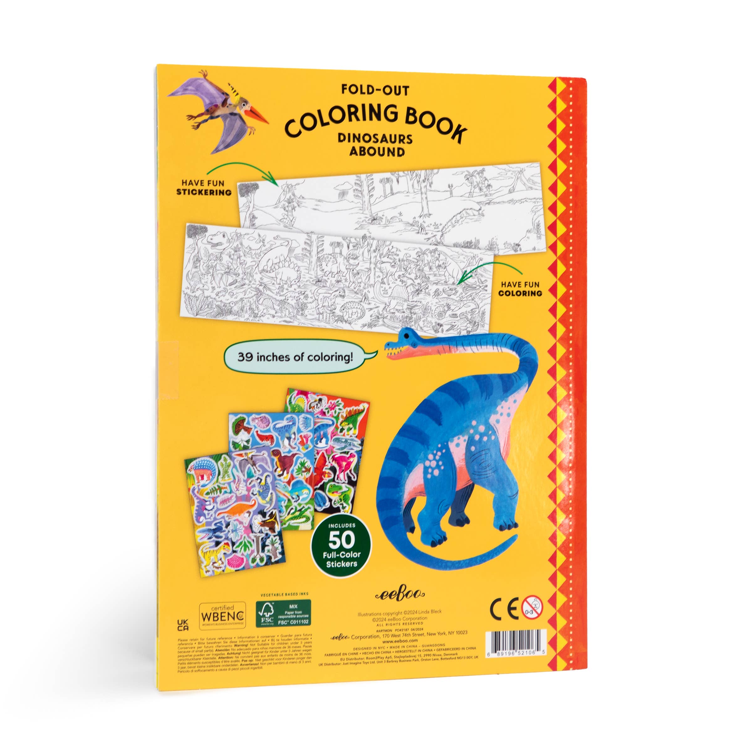 eeBoo Dinosaurs Fold-Out Coloring Book with Stickers for arts and crafts, featuring colorful dinosaur illustrations and fun sticker pages.