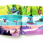 Cover image of "Much Too Busy" book by John Bond, published by Simon & Schuster, featuring colorful illustrations and playful typography.