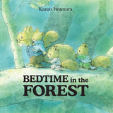 Open children's book "Bedtime in the Forest" by Kazuo Iwamura, showing a cozy forest scene with animals at bedtime.