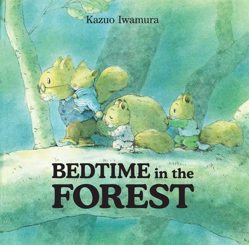 Open children's book "Bedtime in the Forest" by Kazuo Iwamura, showing a cozy forest scene with animals at bedtime.