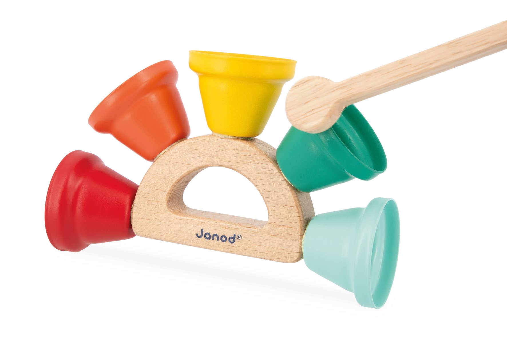 Janod Gioia Wooden Musical Bell Toy with colorful bells and a wooden handle, designed for children's musical play.