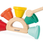 Janod Gioia Wooden Musical Bell Toy with colorful bells and a wooden handle, designed for children's musical play.